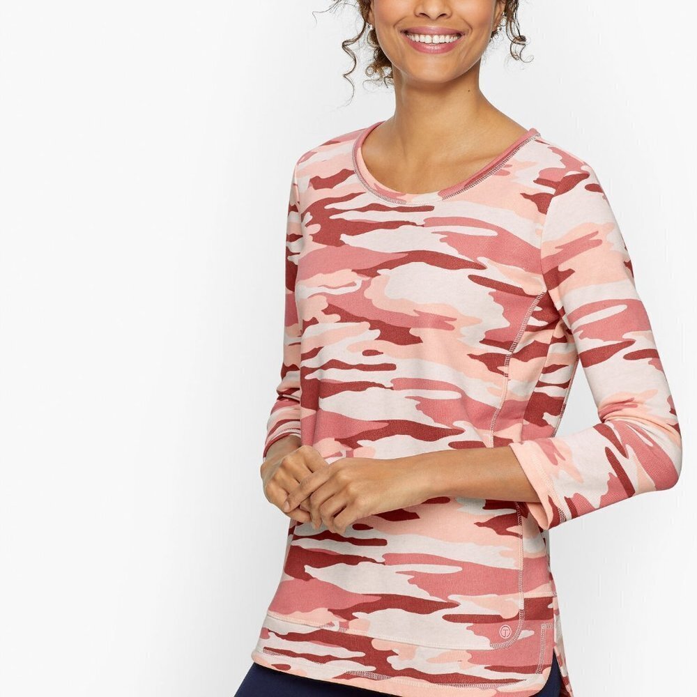 Talbots Camo Classic French Terry Pullover Maroon/Cream 3/4 Sleeve (Size XS)‎